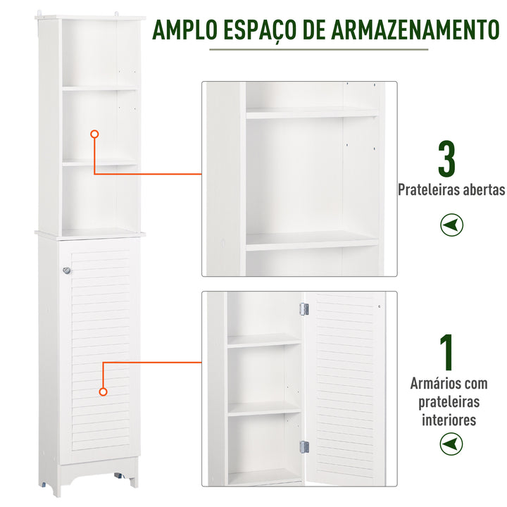 Coluna Casa de Banho com 1 Porta 3 Prateleiras Abertas e Prateleira Interior Ajustável Móvel Auxiliar de Armazenamento para Sala de Estar Dormitório 34x20x165cm Branco