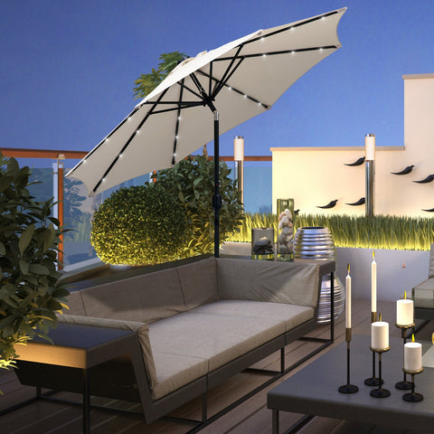 Chapéu de Sol de Jardim Ø270x240cm com 24 Luzes LED Solar Mecanismo de Inclinação Manivela e Mastro Desmontável de Metal para Terraço Piscina Pátio Creme