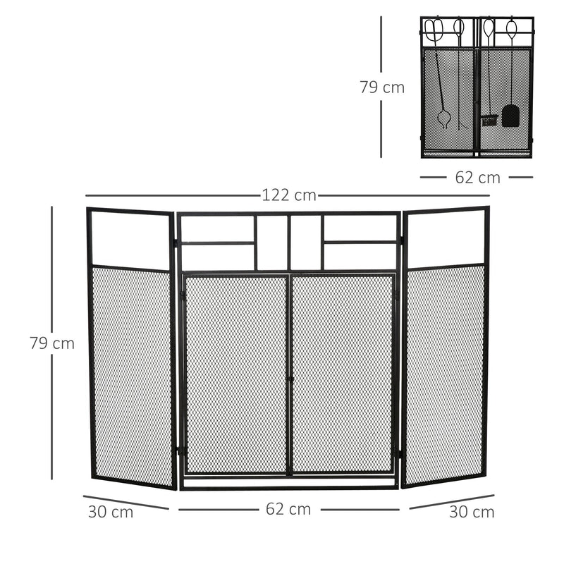 Frente para Lareira Dobrável Proteção para Lareira de 3 Painéis com Dupla Porta 4 Ferramentas e Gancho Estrutura de Metal 122x2x79cm Preto