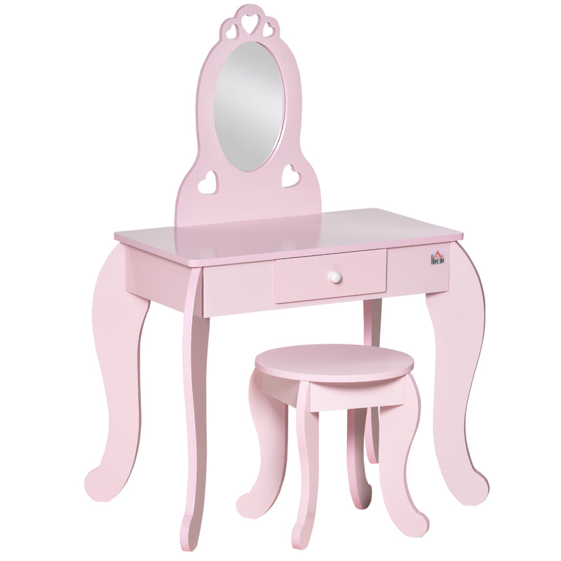 Toucador Infantil de Madeira para Crianças de 3-6 Anos com Banco e Espelho Estilo Princesa Mesa de Maquilhagem Infantil com Gaveta para Dormitório 60x36x88cm Rosa