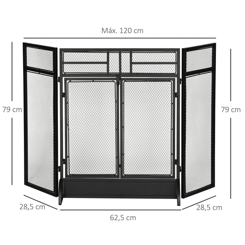 Frente de Lareira Dobrável Frente para Lareira com 3 Painéis com Porta Dupla e Pés Adicionais Estrutura de Metal 120x11,5x79cm Preto