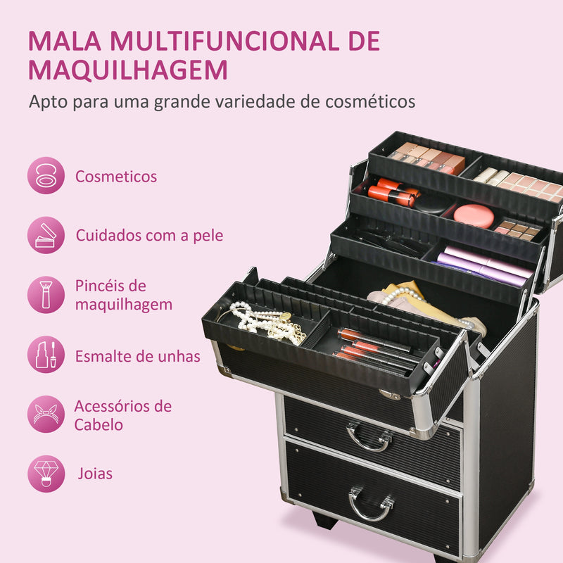 Mala de Maquilhagem Professional Mala para Cosméticos com Rodas 6 Gavetas Extensíveis Fechadura 2 Chaves e Alça Retrátil 36x23x58cm Preto