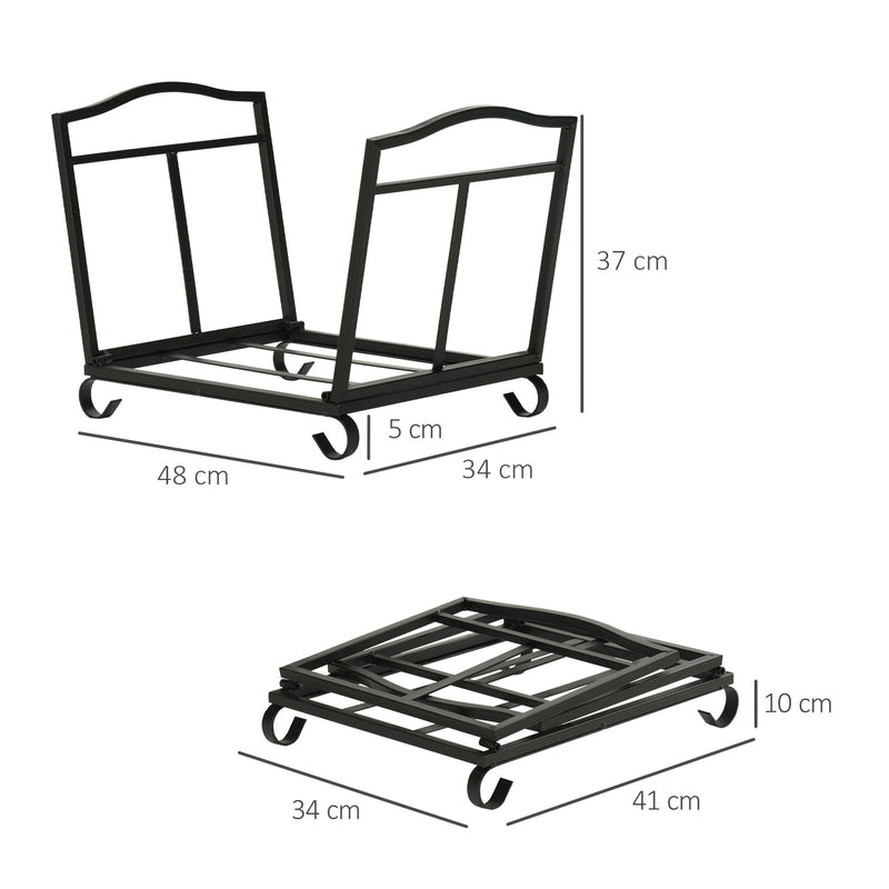 Suporte para Lenha Dobrável Porta Lenha Interior e Exterior Metálico com Grade e Base Elevada Carga Máxima 50kg 48x34x37cm Preto