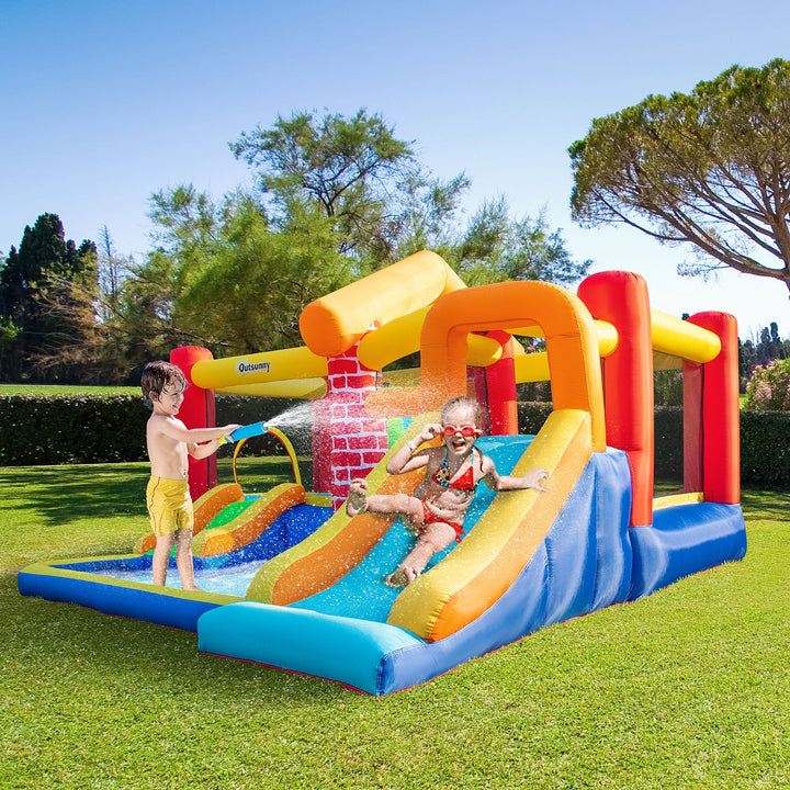 Castelo Insuflável com 2 Escorregas 2 Trampolins e Piscina para Crianças acima de 3 Anos Inclui Inflador e Bolsa de Transporte para Interior Exterior 380x370x230cm Multicor