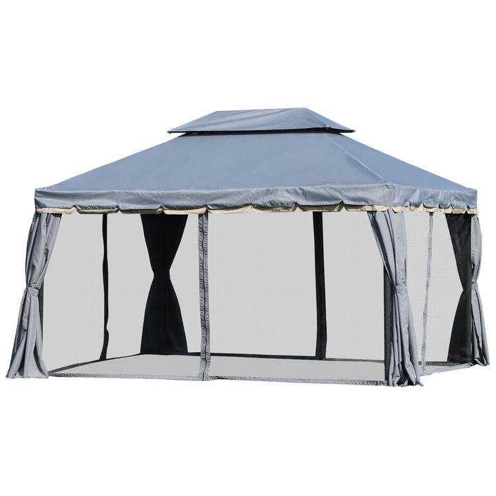 Pérgola de Jardim 4x3m Pérgola de Alumínio com Teto de Ventilação 4 Cortinas Laterais Tela Mosquiteira e 8 Orifícios de Drenagem para Exterior Pátio Festas Cinza