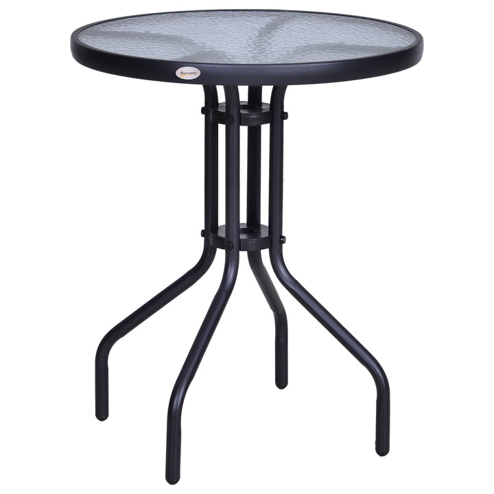 Mesa de Jardim Redonda com Bancada de Vidro Temperado Decorativa e Estrutura de Metal para Pátio Terraço Varanda Ø60x70 cm Preto