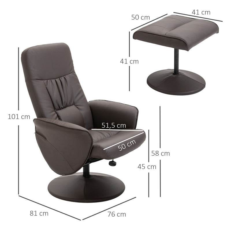 Poltrona Relax com Apoio para os Pés Estofada em PU Poltrona Relax Reclinável até 145° e Giratório 360° com Encosto Ajustável para Sala de Estar Dormitório Escritório 81x81x105cm Marrom