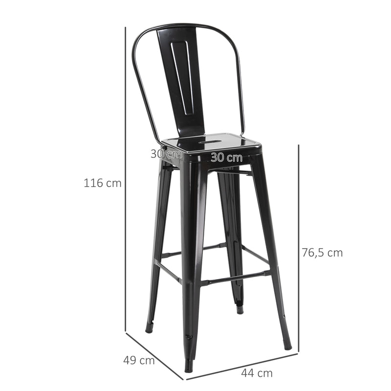 Conjunto de 4 Bancos Altos de Cozinha de Metal Bancos de Bar com Encosto Alto e Apoio para os Pés para Sala de Jantar Carga 120kg 44x49x116cm Preto