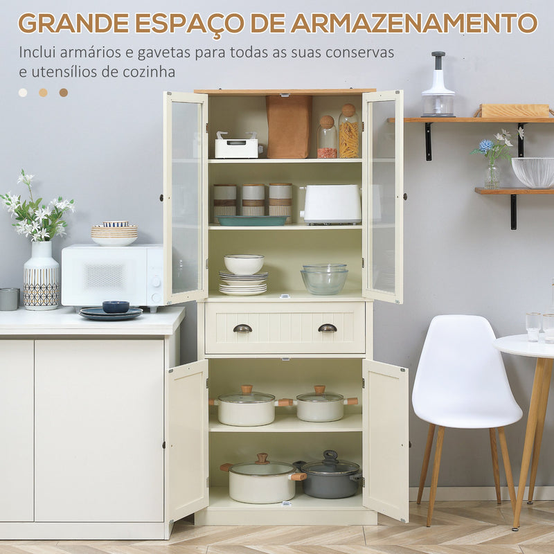 Armário de Cozinha com 2 Portas de Vidro 1 Gaveta e Prateleira Ajustável Móvel Auxiliar de Cozinha Anti-Tombo 76x40x182,5cm Creme