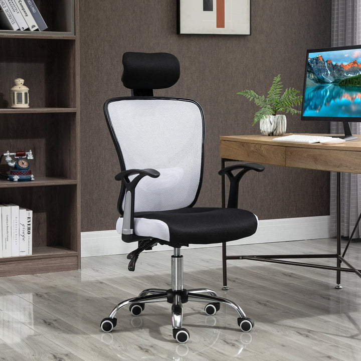 Cadeira de Escritório Ergonômica Cadeira de Escritório Giratória com Altura Ajustável Função Reclinável Apoio para a Cabeça e Suporte Lombar 65x67x108-118cm Branco