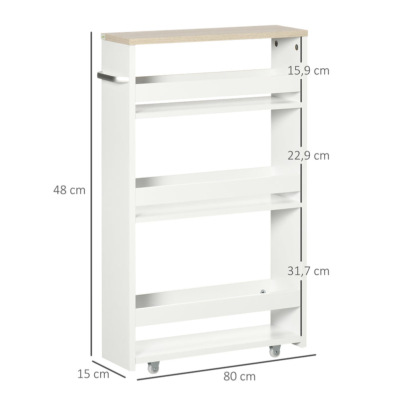 Estante de Armazenamento para Casa de Banho de 3 Níveis Estante Estreita com Alça Lateral Estante com Rodas para Cozinha Sala de Estar Estilo Moderno 48x15x80cm Branco