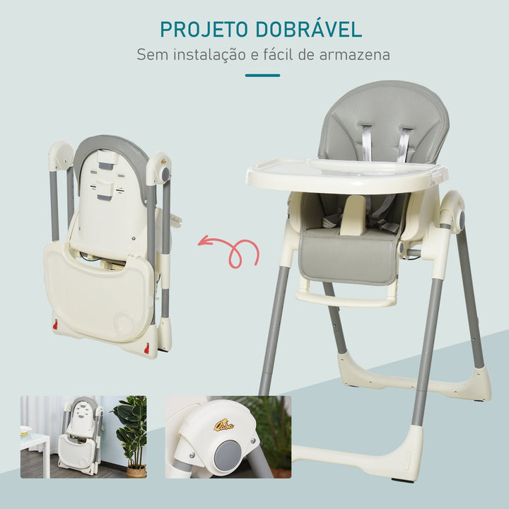 Cadeira de refeição ajustável e dobrável para bebê acima de 6 meses com bandeja dupla 55x80x104 cm Cinza