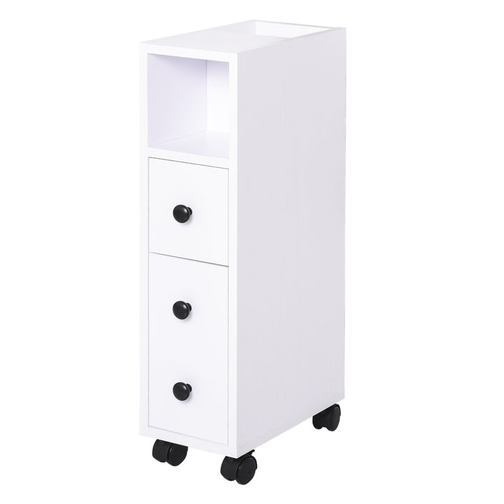 Armário de Casa de Banho Móvel Auxiliar para Espaço Reduzido com Rodas Prateleiras Abertas Armário e Gaveta 18x30x68,5cm Branco