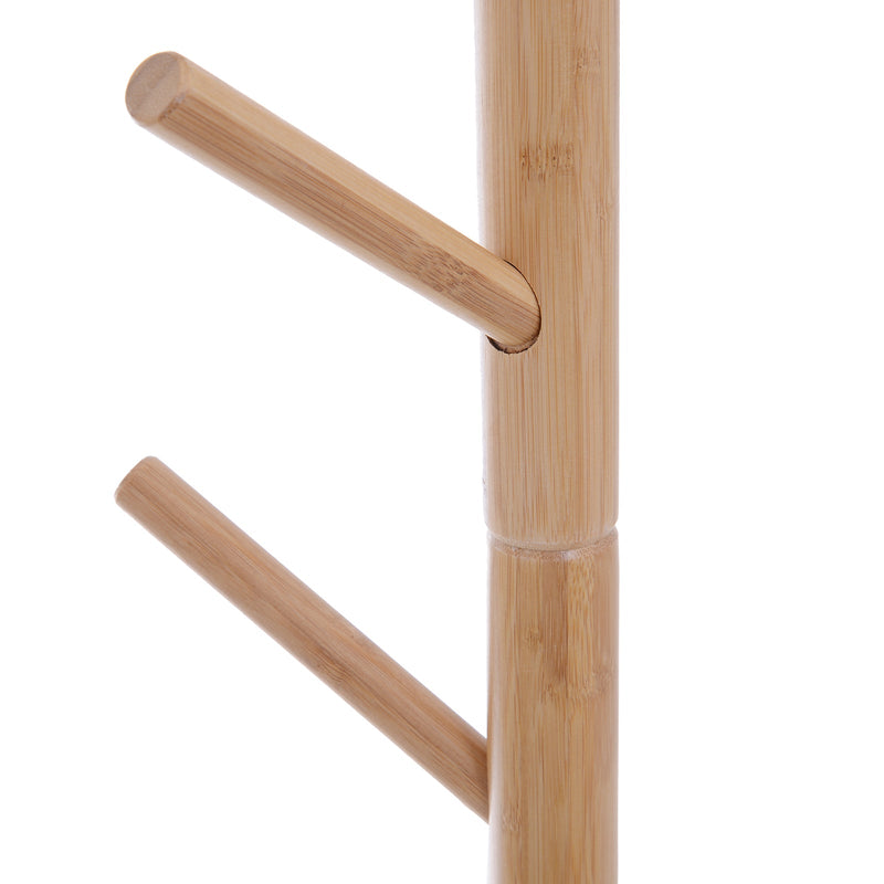 Cabide de Pé com Banco Pendurador Tipo Árvore Moderno 6 Ganchos para Pendurar Roupa Malas Corredor Entrada Bambu e MDF 80x30x180cm