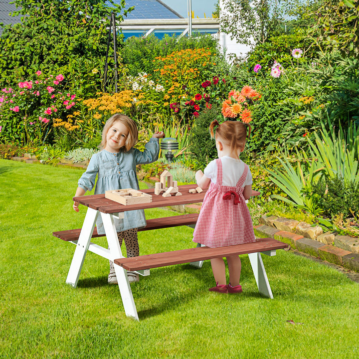 Conjunto de Mesa e 2 Bancos Infantil de Madeira Mesa de Piquenique para Crianças de 3-8 Anos para Jardim Pátio Varanda 89x79x50 cm Marrom e Branco
