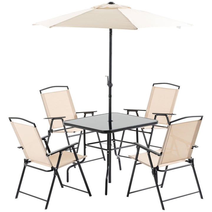 Conjunto de Móveis de Jardim com 4 Cadeiras Dobráveis Mesa de Jardim de Vidro e Chapéu de Sol Inclinável Proteção Solar para Pátio Terraço Exterior 80x80x70cm Bege