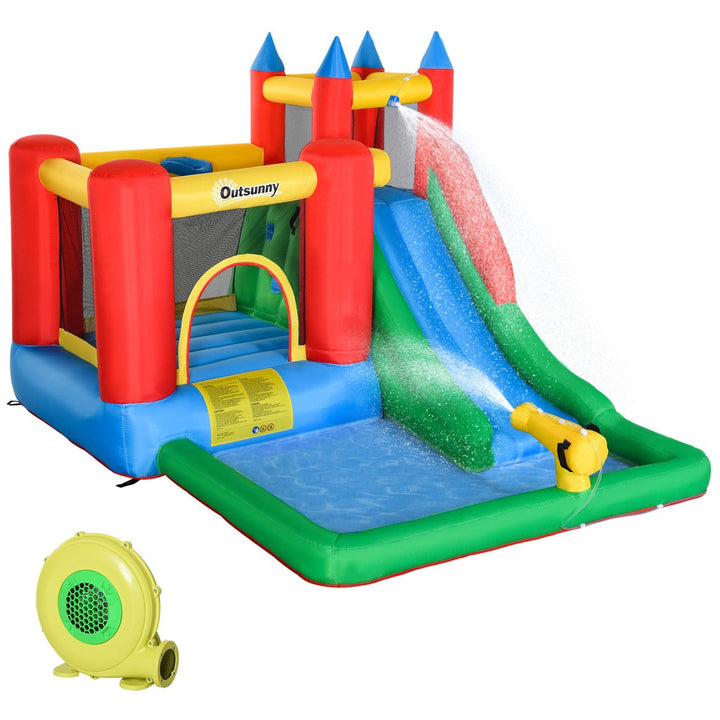Castelo Insuflável com Escorrega Trampolim Piscina e Pistola de Água para Crianças acima de 3 Anos com Inflador e Bolsa de Transporte para Interior Exterior 330x245x215cm Multicor