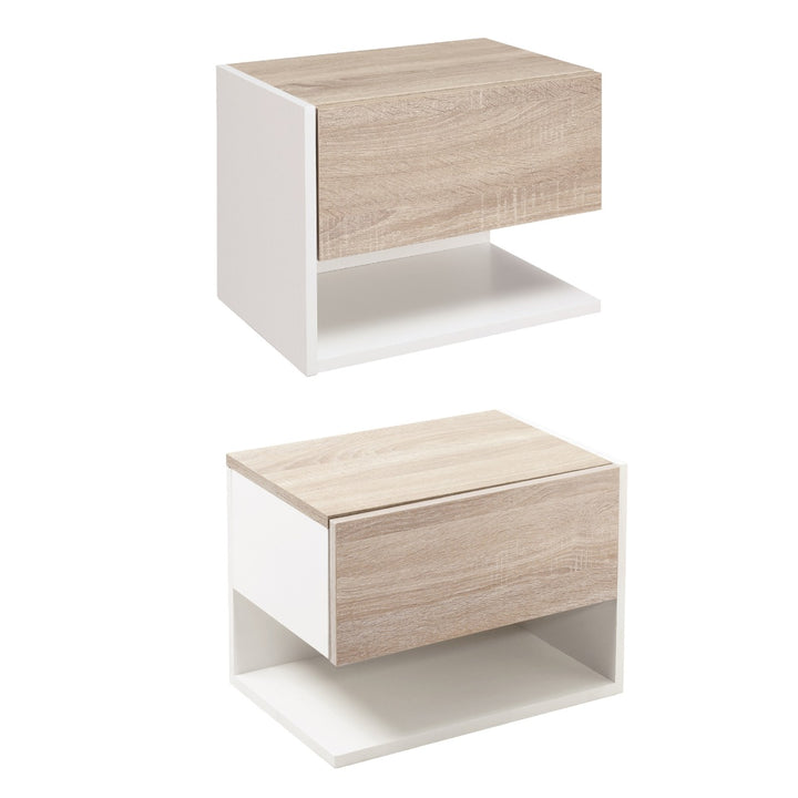 Conjunto de 2 mesinhas de cabeceira flutuantes de madeira com 1 gaveta e prateleira aberta Desenho moderno montado na parede 46x30x30 cm Carvalho e branco