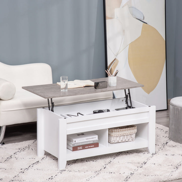 Mesa de Centro com Bancada Elevável Mesa de Centro com 2 Compartimentos Abertos Bancada de Imitação a Mármore Mesa Retangular para Sala de Estar 105x50x49cm Branco