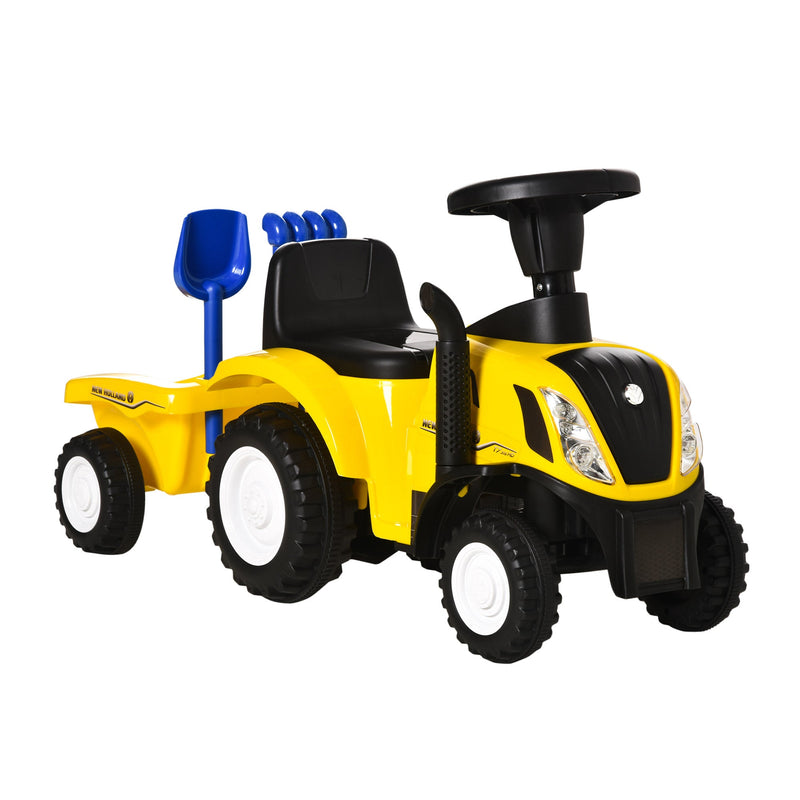 Trator para Crianças de 12-36 Meses com Reboque Removível Carro Andador com Buzina Farol Pá e Ancinho Carga 25kg 91x29x44cm Amarelo