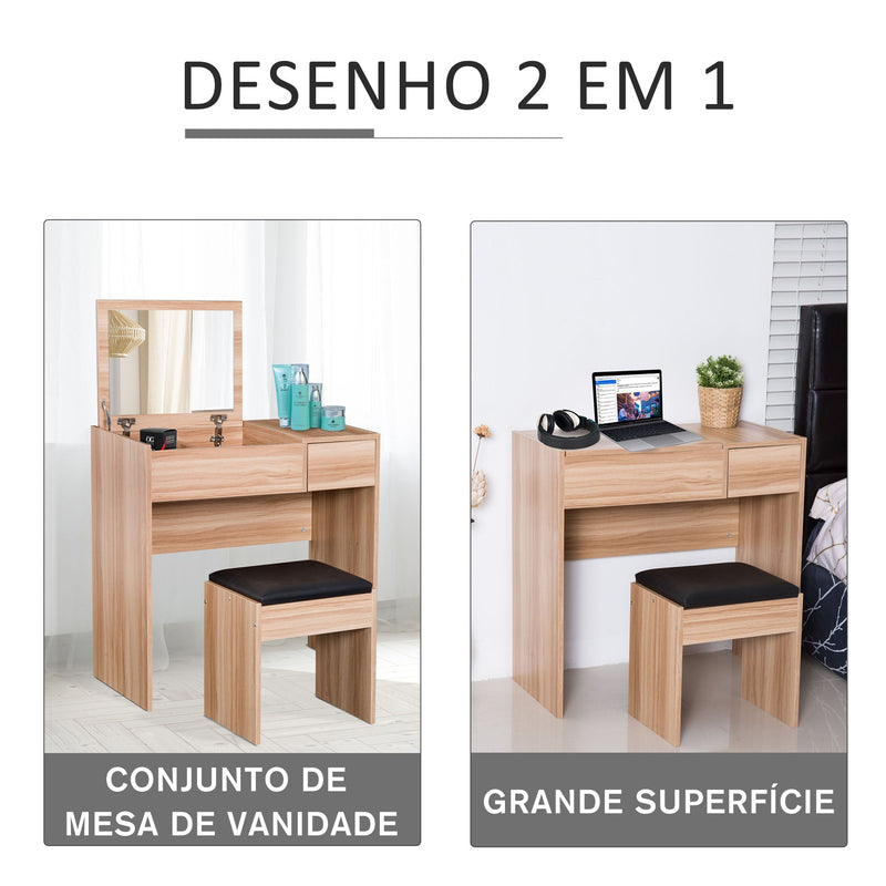 Comoda com Banquinho Espelho Tampa Dobrável Mesa para Maquilhagem 3 Caixas e 1 Gaveta