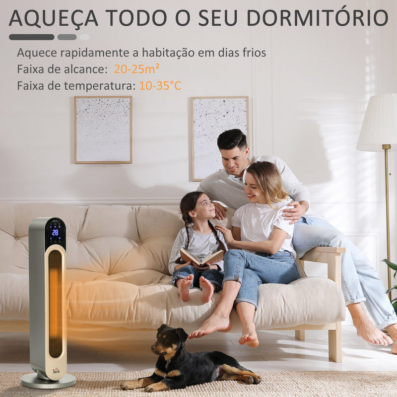 Aquecedor Cerâmico de Torre 1100/2200W com Controlo Remoto Ecrã LED Temporizador de 12h Termostato 3 Modos e Oscilação para 20-25m² Ø25x73,5cm Prata