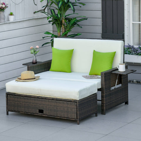 Sofá de Vime de 2 Lugares com Mesas Laterais e Apoio para os Pés com Armazenamento Sofá de Jardim com Encosto Inclinável e Almofadas com Capas Removíveis 130x72x96cm Marrom e Bege