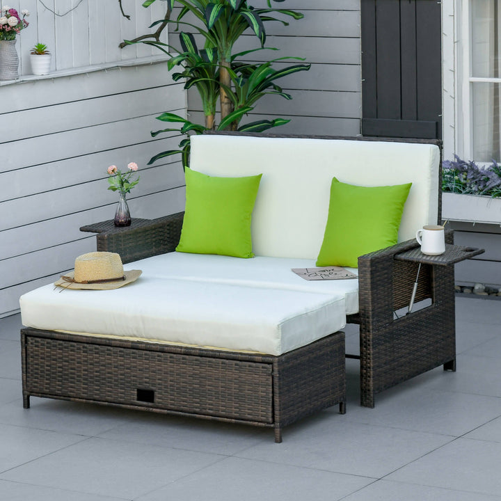 Sofá de Vime de 2 Lugares com Mesas Laterais e Apoio para os Pés com Armazenamento Sofá de Jardim com Encosto Inclinável e Almofadas com Capas Removíveis 130x72x96cm Marrom e Bege