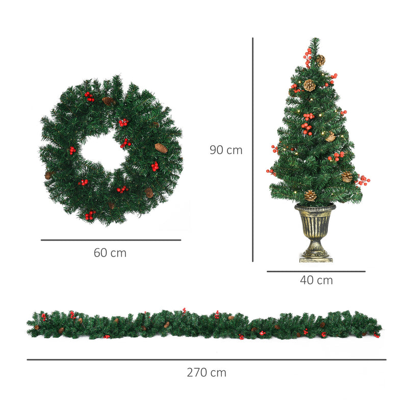 Conjunto de Decoração de Natal 4 Peças Decoração de Natal com 2 Árvores de Natal Coroa e Grinalda com Luzes LED Branca e Bagas Vermelhas 40x40x90cm Verde