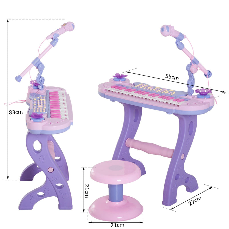 Órgão Electrónico Piano Infantil com Microfone Banquinho Luzes e 22 Canções cor Rosa