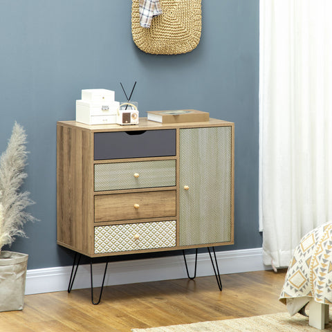 Cómoda com 4 Gavetas Gaveteiro de Madeira com Porta Prateleira Ajustável e Pés de Metal para Sala de Estar Dormitório Cozinha 79x39x86cm Marrom