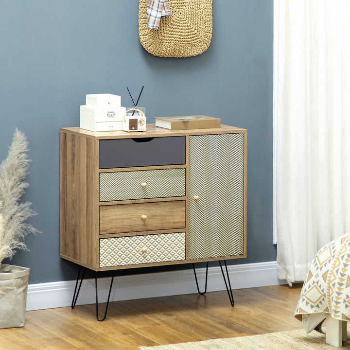 Cómoda com 4 Gavetas Gaveteiro de Madeira com Porta Prateleira Ajustável e Pés de Metal para Sala de Estar Dormitório Cozinha 79x39x86cm Marrom