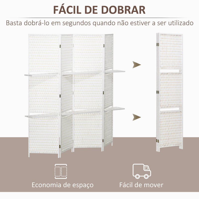 Biombo Divisor de 4 Painéis Dobrável Separador de Ambientes 181x180cm Divisor de Ambientes com Prateleiras Decoração para Dormitórios Sala de Estar Branco