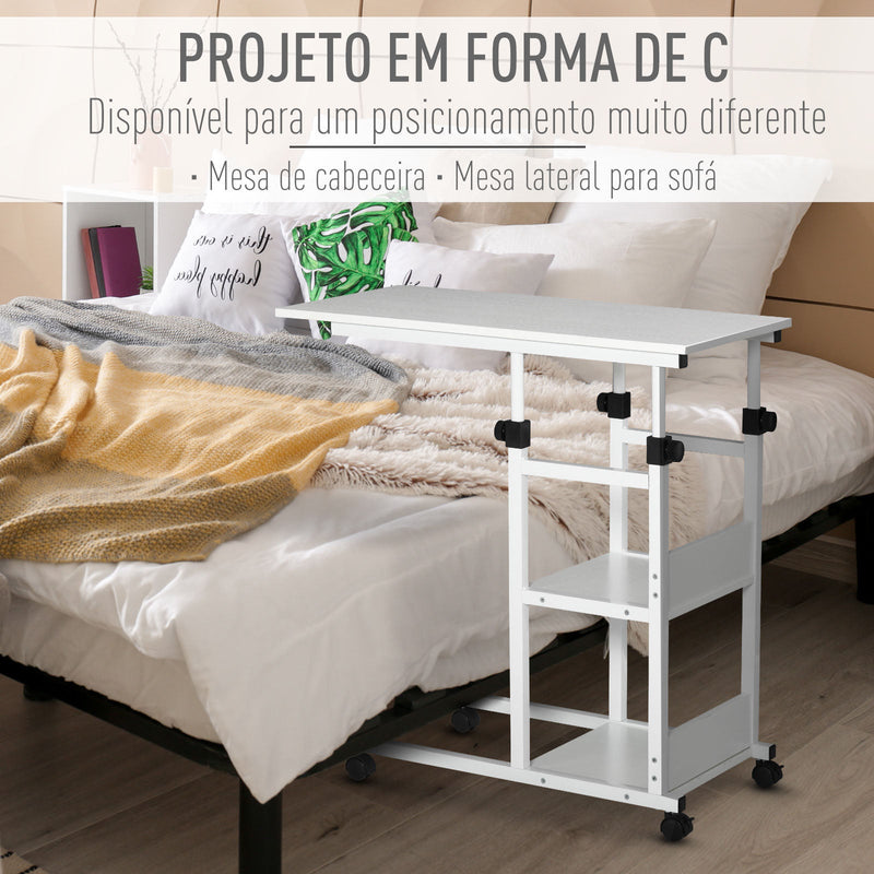 Mesa Lateral para Sofá Mesa lateral em Forma de C com 4 rodas Giratórias Freios Altura Ajustável 3 níveis Estrutura Metálica 80x40x72-82cm Branco