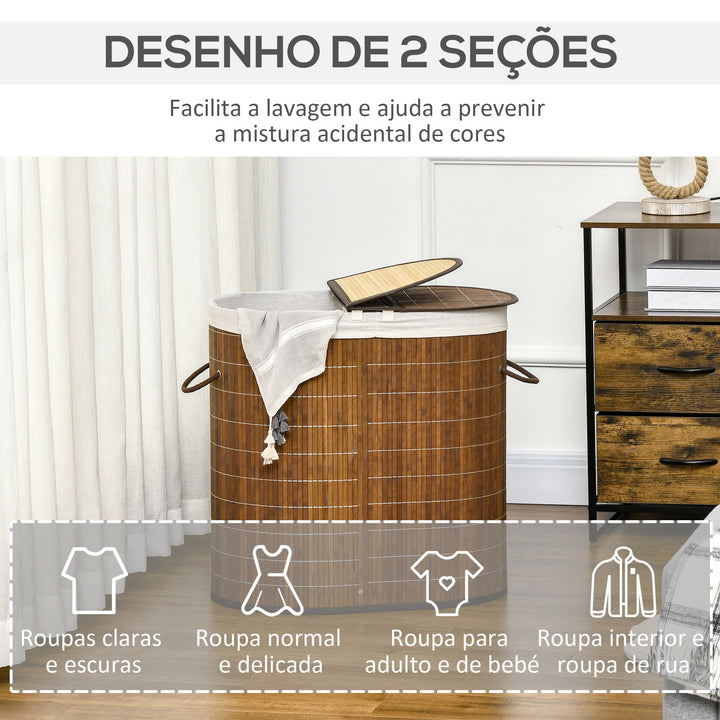 Cesto de Roupa de Bambu Capacidade de 100L Cesto para Roupa Suja com Tampa Rebatível e Bolsa com 2 Compartimentos Amovível 62,5x37x60,5cm Marrom