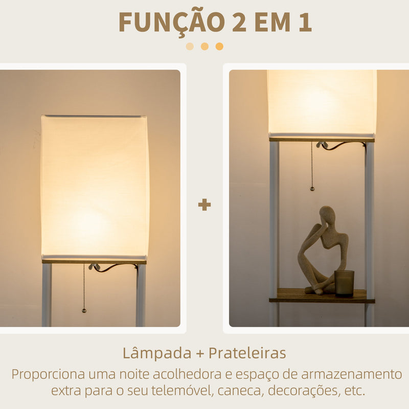 Candeeiro de Pé Moderno com Prateleiras Candeeiro de Pé para Sala de Estar Lâmpada E27 Máx. 40W com Ecrã de Tecido e Interruptor de Pé para Dormitório Escritório 26x26x159cm Branco e Madeira