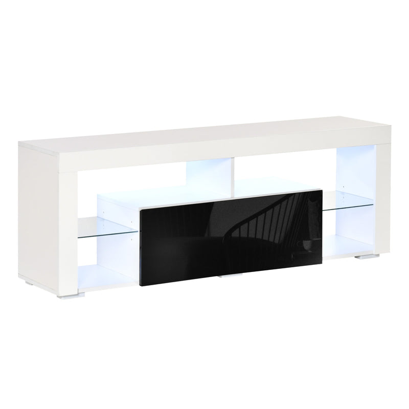 Móvel de TV para Sala de Estar com Iluminação LED 6 Modos de Cores Controle Remoto Gaveta e Prateleiras de Cristal Ajustáveis 140x35x52cm Preto e Branco Brilhante