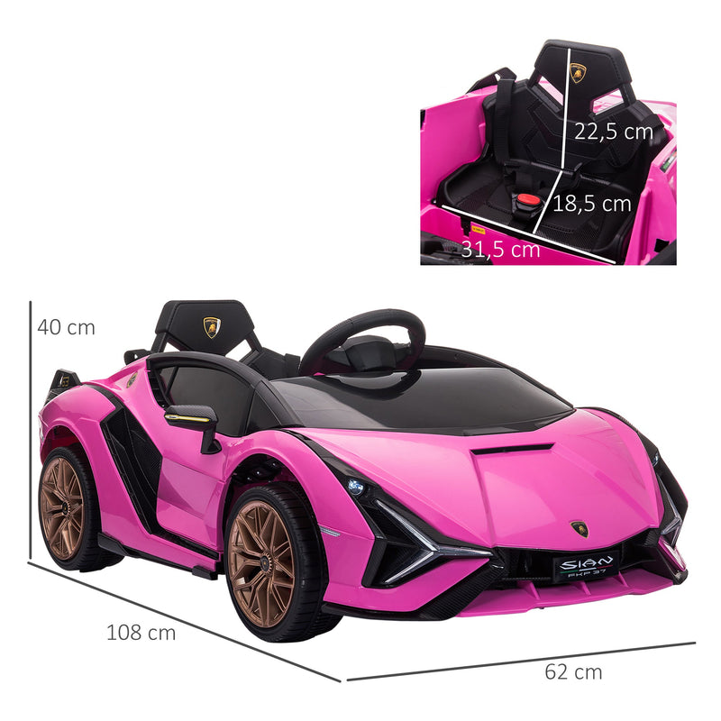 Carro Elétrico Lamborghini SIAN 12V para Crianças acima de 3 Anos com Controle Remoto Abertura da Porta Música MP3 USB e Faróis 108x62x40cm Rosa