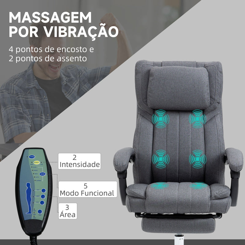 Cadeira de Escritório com 6 Pontos de Massagem por Vibração Cadeira de Escritório Reclinável com Altura Ajustável Controlo Remoto Encosto Alto e Apoio para a Cabeça 65x61x101-113 cm Cinza