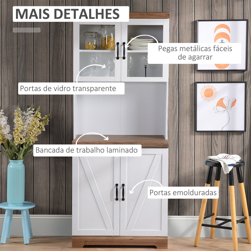 Armário de Cozinha Móvel Auxiliar de Cozinha com 2 Portas de Vidro Prateleiras Ajustáveis Bancada e Armário para Sala de Jantar Sistema Anti-Tombo 72x40x178cm Branco e Madeira