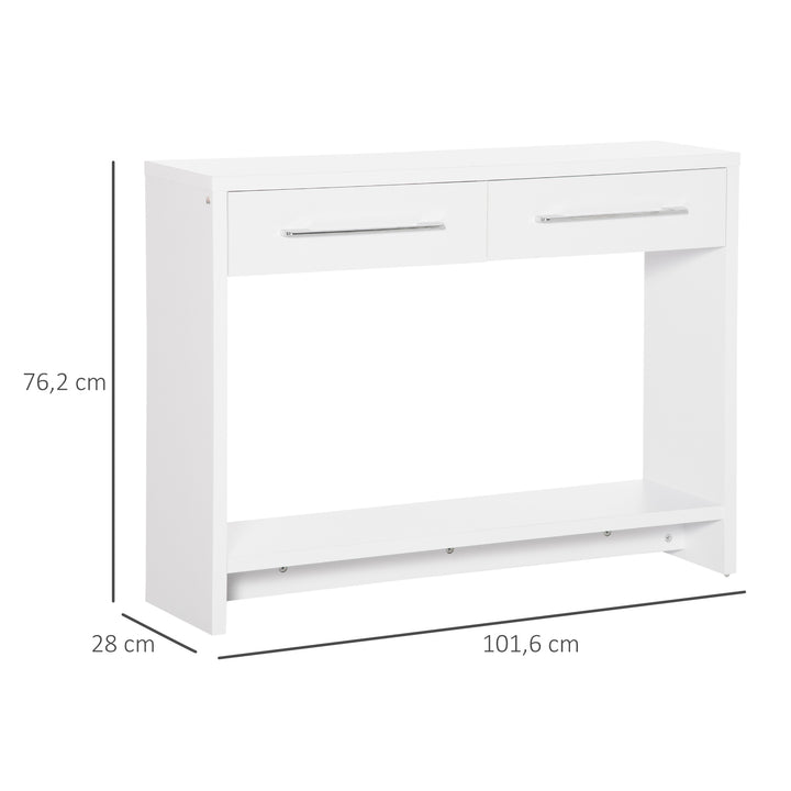 Mesa Consola com 2 Gavetas e Prateleira de Armazenamento Móvel de Entrada para Corredor Sala de Estar Estilo Moderno Anti-Rolamento Carga Máxima 50kg 101,6x28x76,2cm Branco