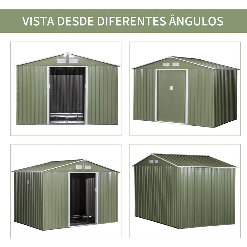 Abrigo de Jardim Exterior Abrigo e Jardim Metálico para Armazenamento de Ferramentas com Base Incluída e 4 Janelas 5,2 m² 277x195x192cm Verde Claro