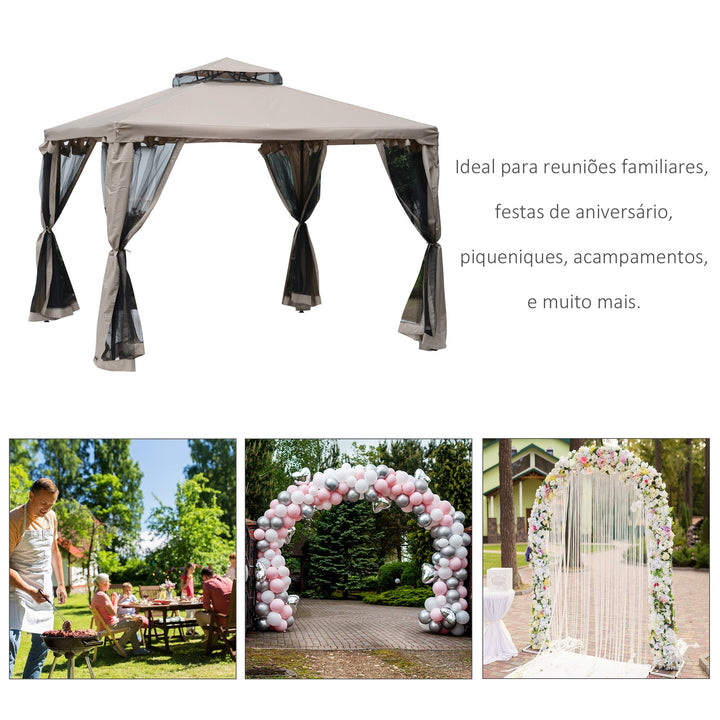 Pérgola de Jardim 3x3m Pérgola de Exterior com Duplo Teto de Ventilação 4 Cortinas Laterais 4 Orifícios de Drenagem e 4 Telas Mosquiteiras com Zíper para Festas Pátio Marrom Cáqui