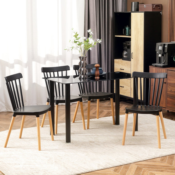 Conjunto de 4 Cadeiras Estilo Nórdico Cadeiras de Cozinha com Encosto Alto Assento de Polipropileno e Pés de Madeira de Faia Carga Máx. 120kg 43x52,5x83cm Preto e Madeira