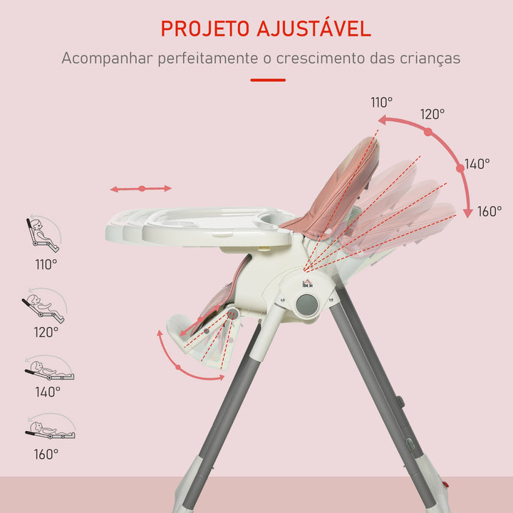 Cadeira de refeição ajustável e dobrável para bebê acima de 6 meses com bandeja dupla 55x80x104 cm Rosa