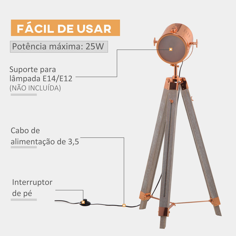 Candeeiro de Pé com Tripé de Madeira Suporte para Lâmpada E27 Máx. 25W IP20 Altura Ajustável Interruptor de Pé Candeeiro de Pé para Sala de Estar Dormitório Escritório Ø65x100-140cm Madeira Envelhecida e Ouro Rosa