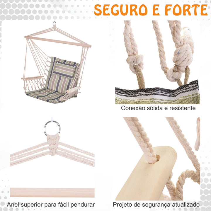 Cadeira de rede suspensa listrada com almofada encosto apoio de cabeça 100x106 cm máx. 105 kg