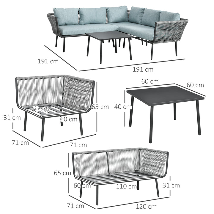 Conjunto de Móveis de Vime 4 Peças Conjunto de Móveis de Jardim 2 Sofás de 2 Lugares Sofá de Canto Mesa de Centro com 6 Almofadas e Estrutura de Alumínio para Varanda Pátio Cinza