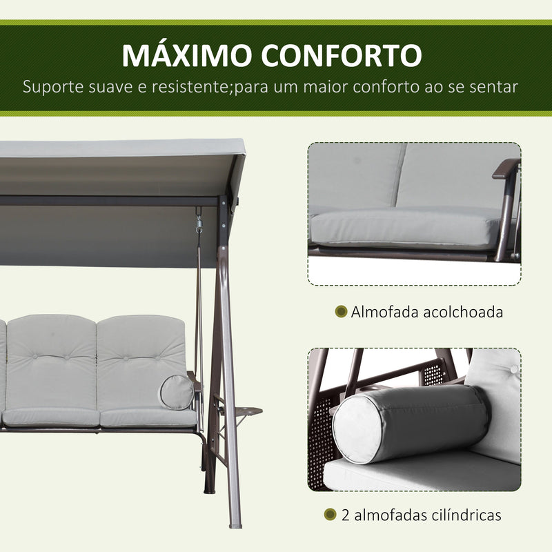 Banco Baloiço de Jardim de 3 Lugares com Teto 2 Almofadas Suporte para Bebidas e Estrutura de Metal para Terraço Balcão Exterior Carga Máxima 360kg 206x116x183cm Cinza