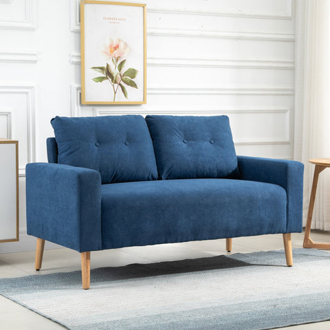 Sofá de 2 Lugares Sofá Moderno Estofado em Poliéster com 2 Almofadas Apoio para os Braços e Pés de Madeira de Borracha para Dormitório Escritório 145x76x88 cm Azul